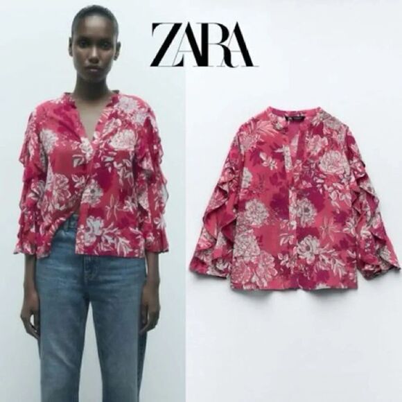 ZARA PRINTED TOP WITH RUFFLES - Picture 1 of 11